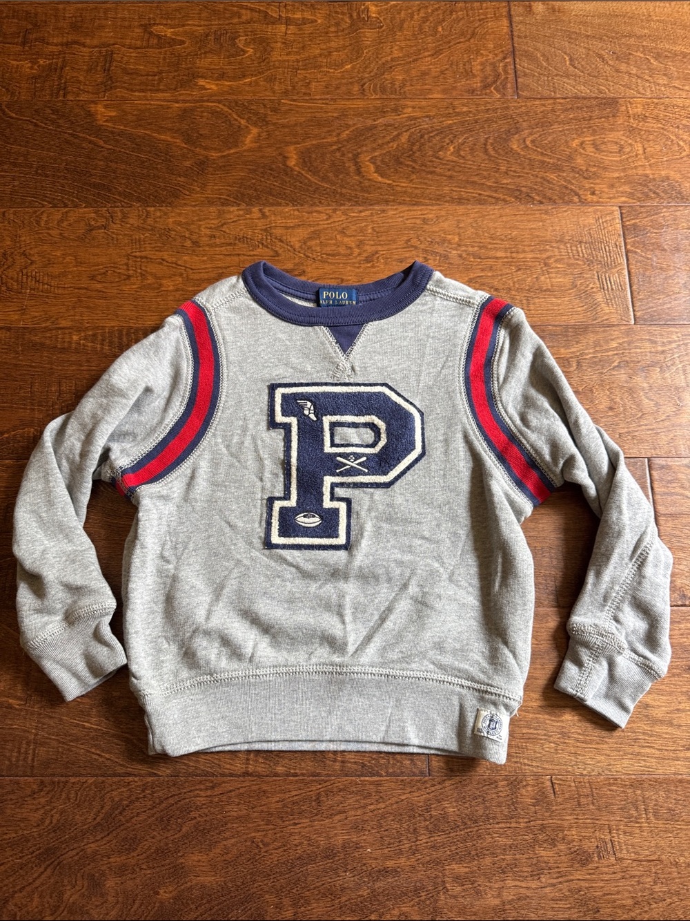 Polo by Ralph Lauren Gray Crewneck Sweatshirt with Navy P and Red Stripe Detail